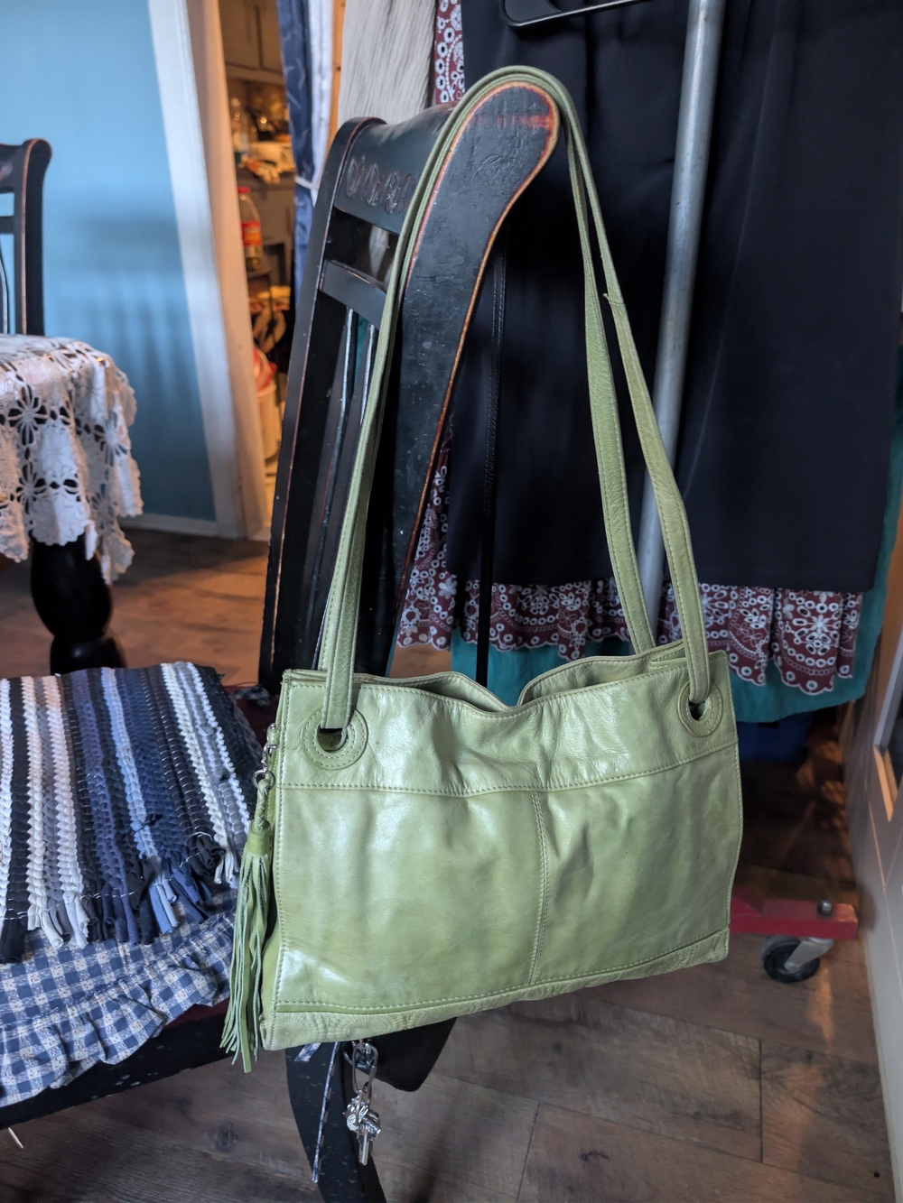 Hobo Green Leather Shoulder Bag with Tassel